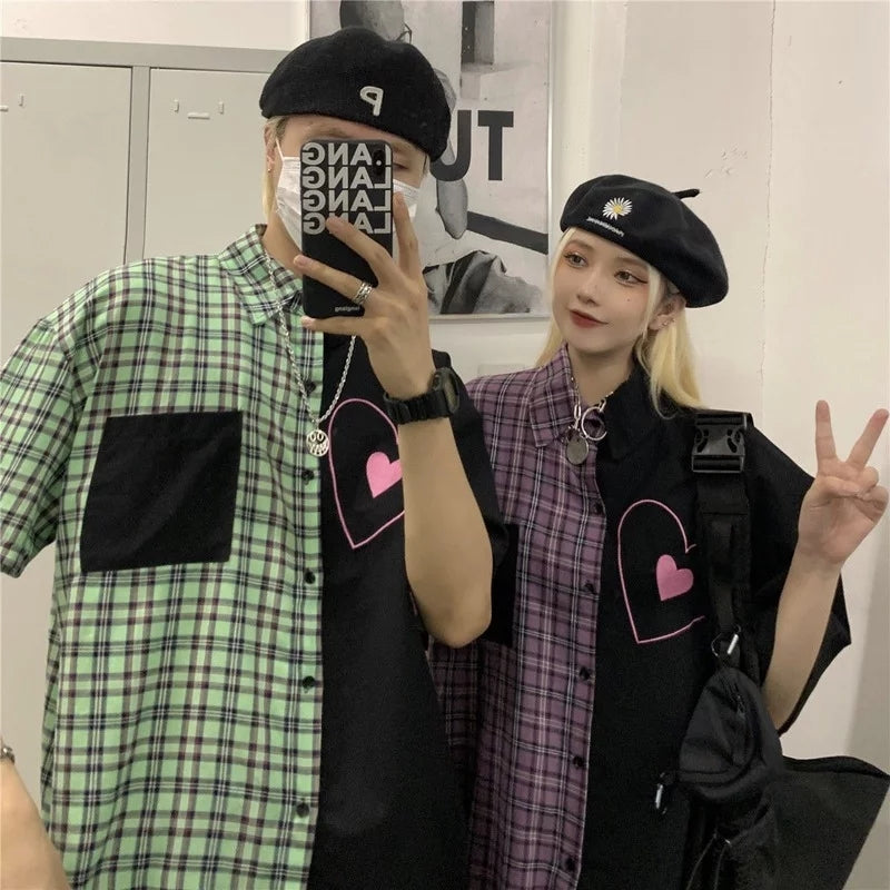 Cute Heart Pocket Plaid Patchwork Vintage Blouse Short Sleeve T- Shirt Top Aesthetic Casual Summer E-Girl Kawaii Korean Japanese Harajuku