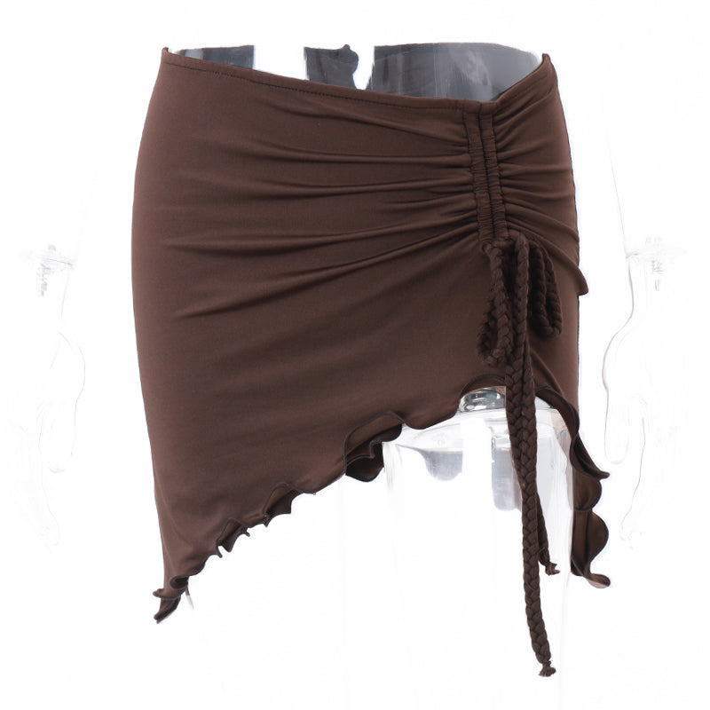 Brown Y2k Irregular Drawstring Low Waist Mini Skirt