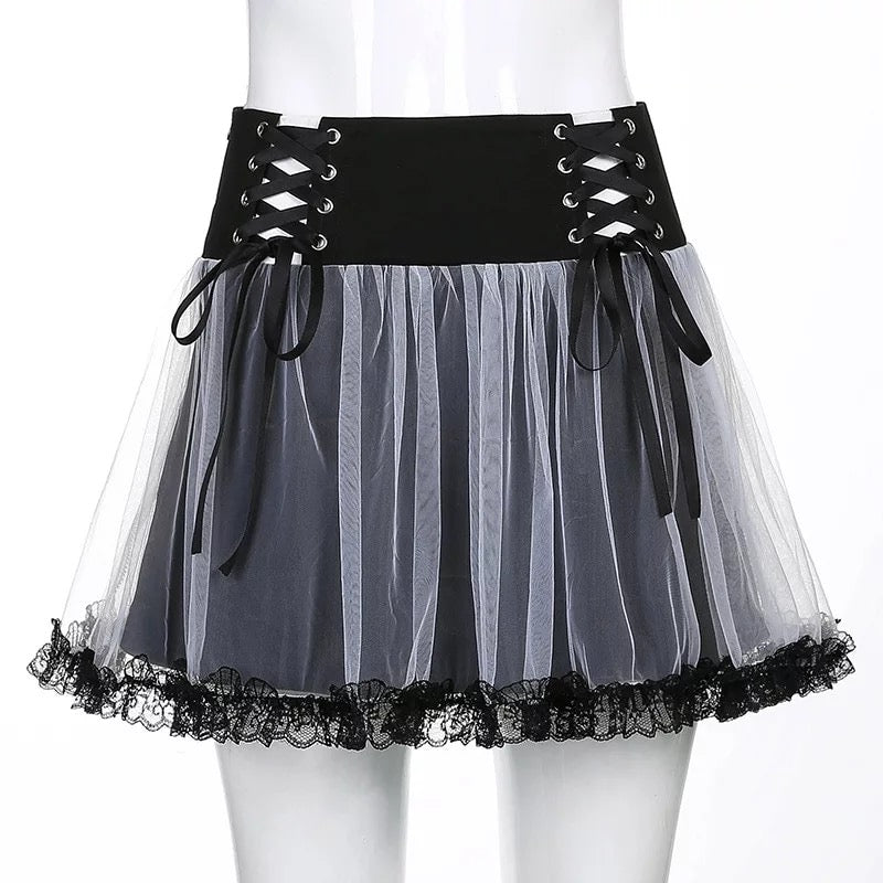 Sexy Goth Dark Punk Mesh A Line Skirt Lace Up Patchwork Ribbon Lace Trim High Waisted Summer Casual E-Girl Kawaii Korean Japanese Harajuku Streetwear