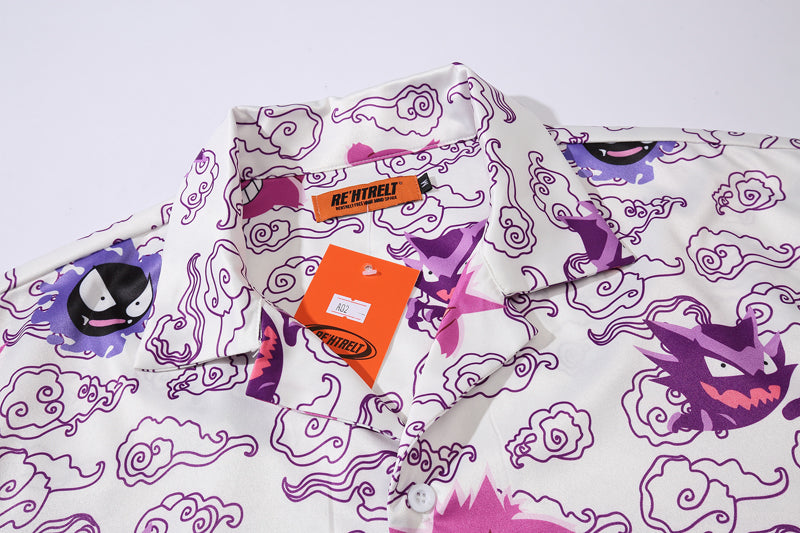 Funny Anime Genger Graphic Cartoon Print Loose Button Down Short Sleeve Short T-shirt Top Causal E-Girl Kawaii Korean Japanese Harajuku Streetwear