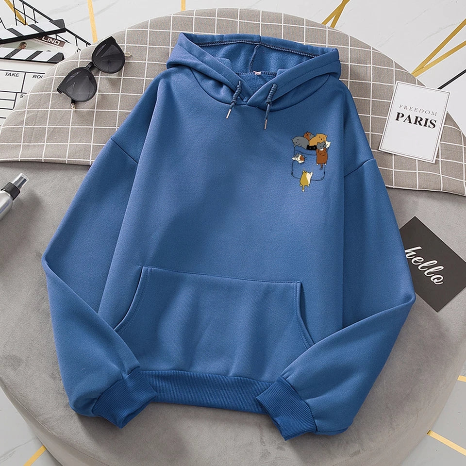 Cute Cat Cartoon Pocket Print Loose Fleece Hoodie Crewneck Pullover Sweatshirt Aesthetic Casual E-Girl Kawaii Korean Japanese Harajuku