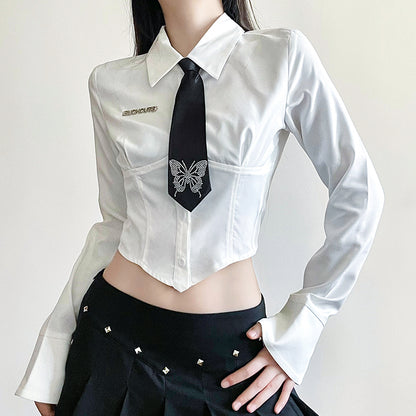 White Butterfly Rhinestone Tie + Long Sleeve Shirt Set