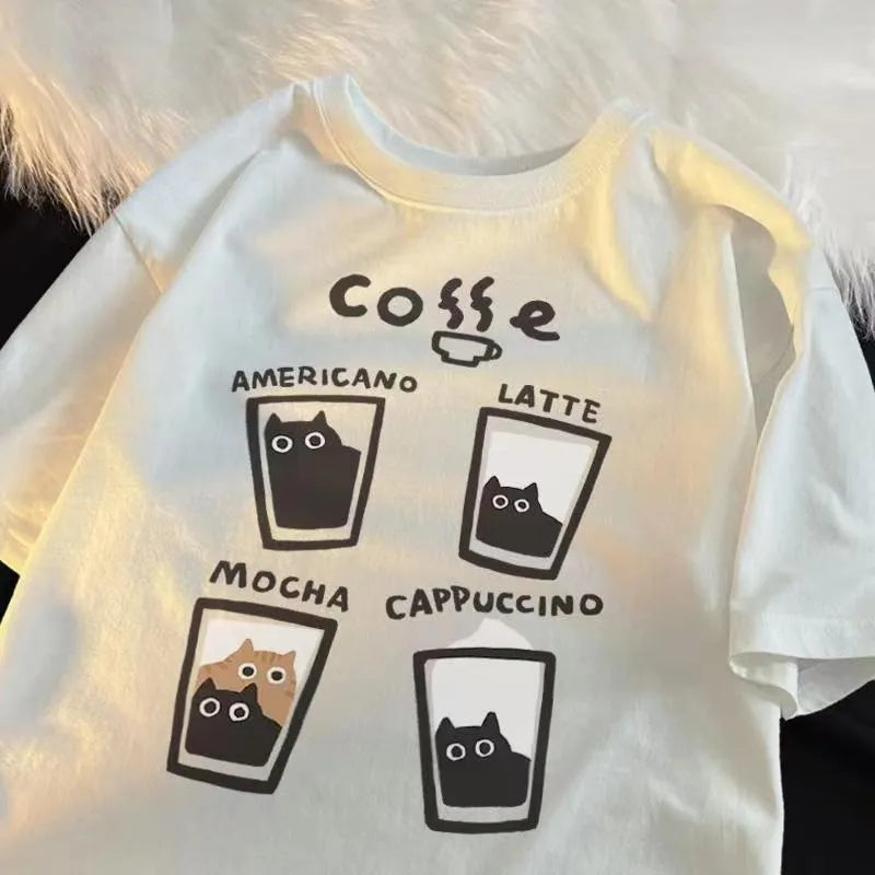 Cat Coffee Print Short Sleeve T-shirt