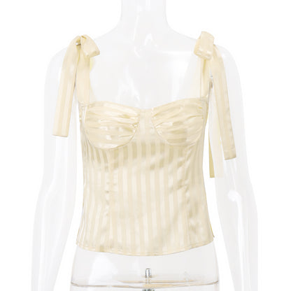 Sweet Yellow Bow Lace Up Satin Top