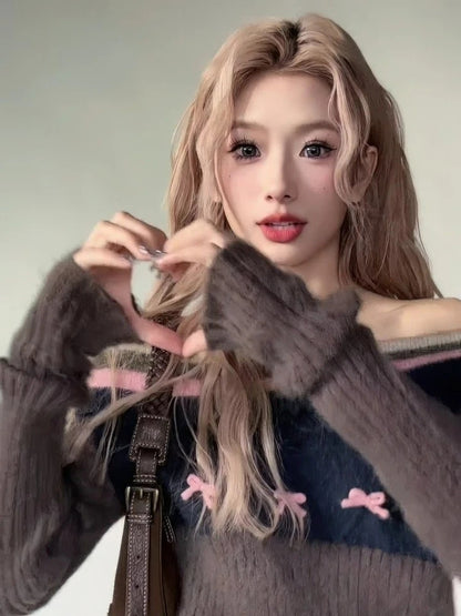 Brown Fairy Bow Off Shoulder Sweater