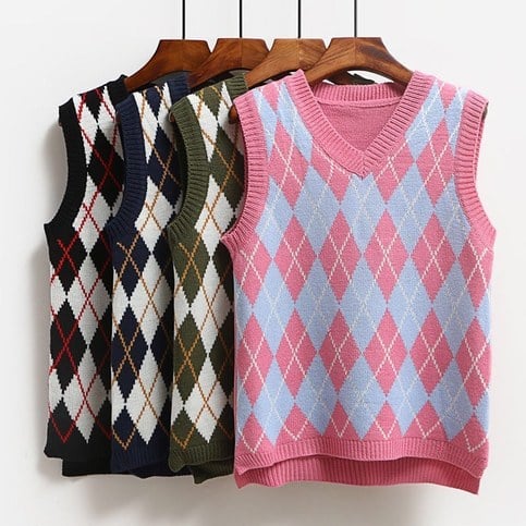 Cute Argyle V Neck Sleeveless Vest Knit Sweater Pullover Jumper Tank Top Autumn Aesthetic E-Girl Kawaii Korean Japanese Harajuku Streetwear