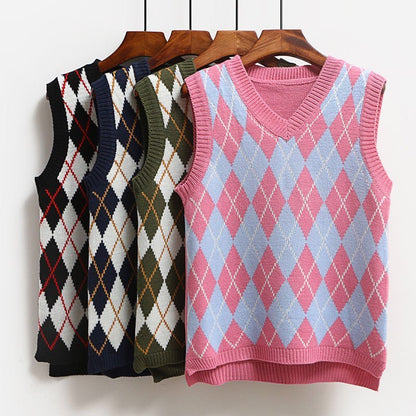 Cute Argyle V Neck Sleeveless Vest Knit Sweater Pullover Jumper Tank Top Autumn Aesthetic E-Girl Kawaii Korean Japanese Harajuku Streetwear