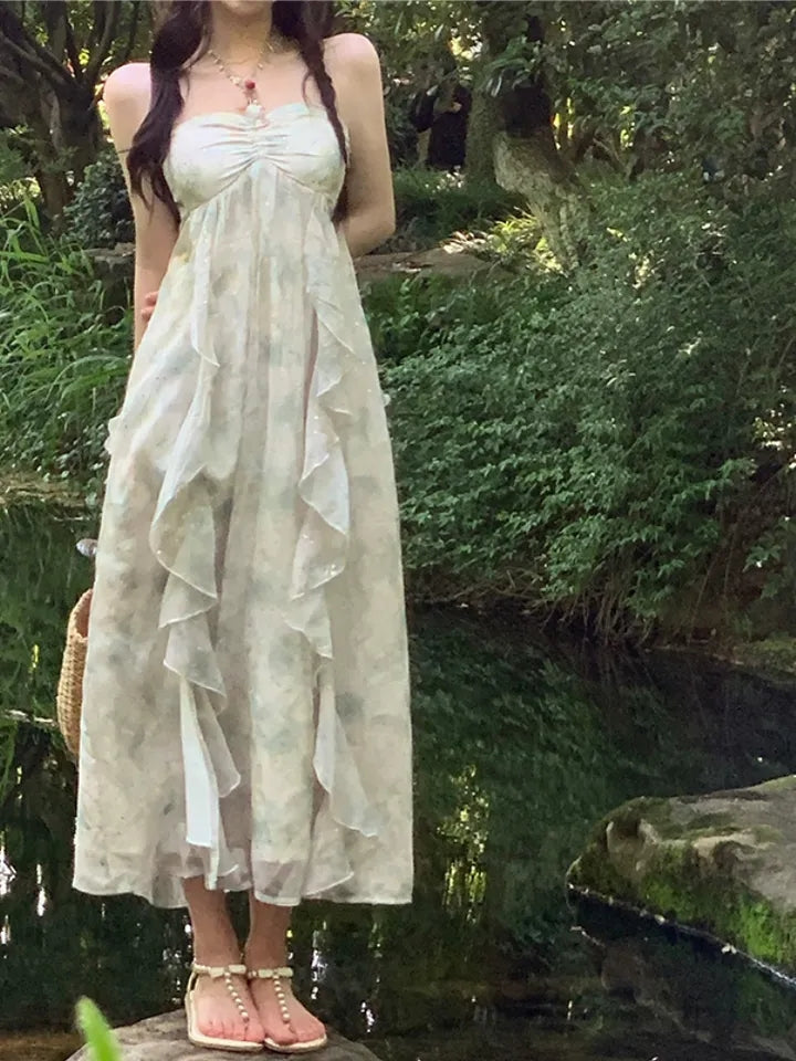 Green Chiffon French Beach Midi Dress