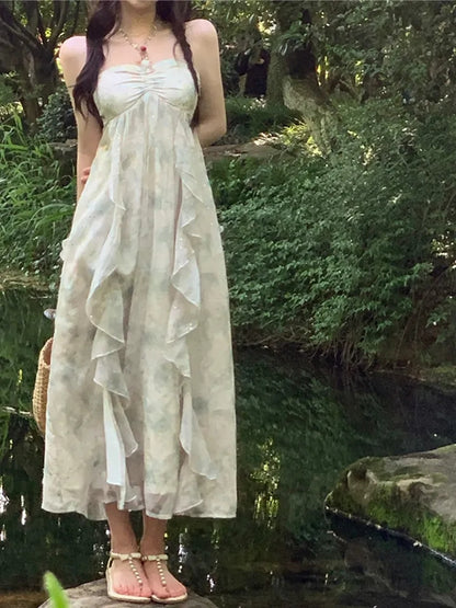 Green Chiffon French Beach Midi Dress