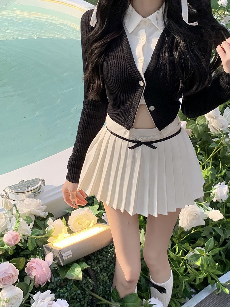 Preppy Pleated Bow Patchwork Mini Skirt