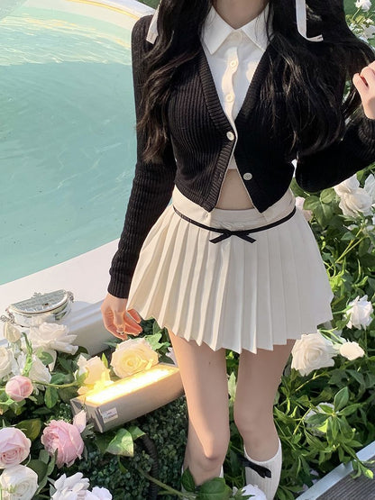 Preppy Pleated Bow Patchwork Mini Skirt