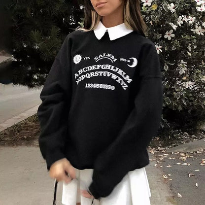 Black Ouija Board Magic Witch Oversized Sweatshirt Sweater Long Sleeve Pullover Jumper Goth Casual E-Girl Kawaii Korean Japanese Harajuku Streetwear