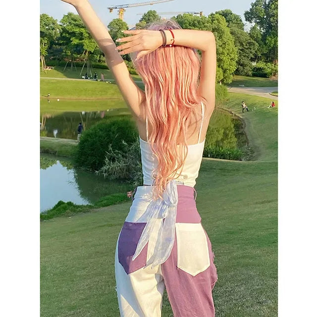 Purple & White Patchwork Straight Wide Leg Pants