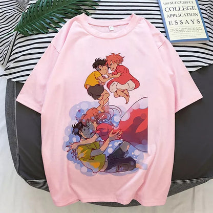 Cute Pink Ponyo Anime Cartoon Print Graphic Short Sleeve Shirt Top Summer Aesthetic Casual E-Girl Kawaii Korean Japanese Harajuku