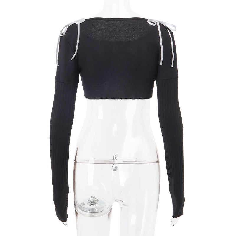 Bow Knit Square Neck Long Sleeve Top