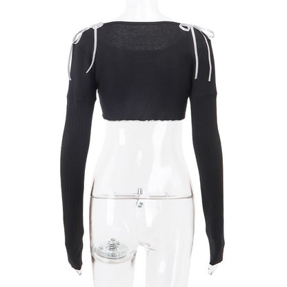 Bow Knit Square Neck Long Sleeve Top