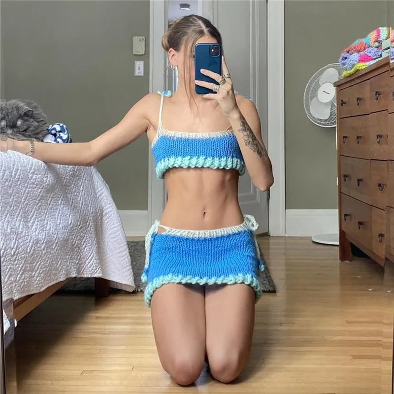 2PCS Blue Knit Tank Top + Mini Skirt