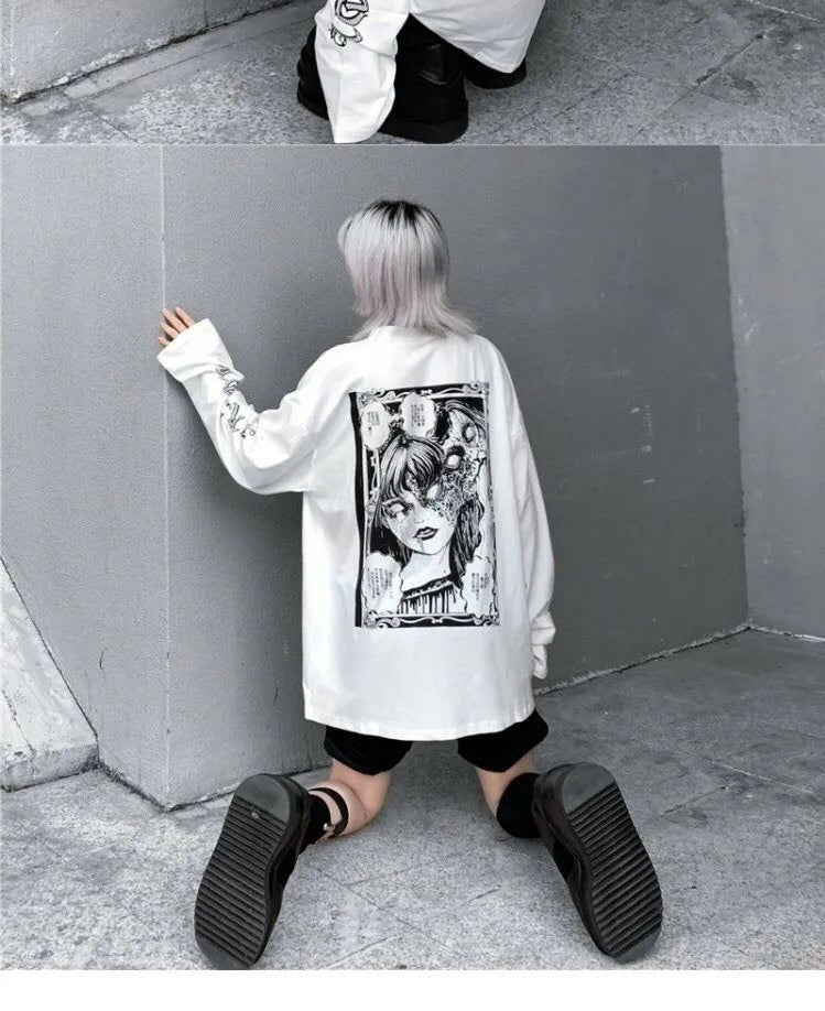 White Dark Anime Girl Cartoon Print Long Sleeve White T-Shirt Oversize Loose Vintage Goth Aesthetic E-Girl Kawaii Korean Japanese Harajuku Streetwear