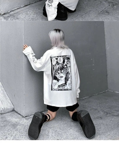 White Dark Anime Girl Cartoon Print Long Sleeve White T-Shirt Oversize Loose Vintage Goth Aesthetic E-Girl Kawaii Korean Japanese Harajuku Streetwear