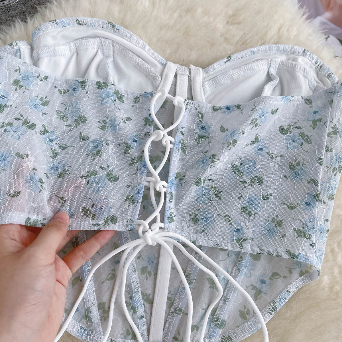 Blue Floral Lace Up Backless Corset Top