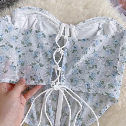 Blue Floral Lace Up Backless Corset Top