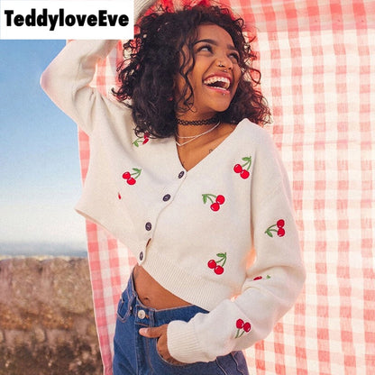 Cute Sweet Cherry Embroidery V Neck Knit Vest Long Sleeve Cardigan Crop Top Sweater Sweatshirt Pullover Jumper E-Girl Kawaii Korean Japanese Harajuku