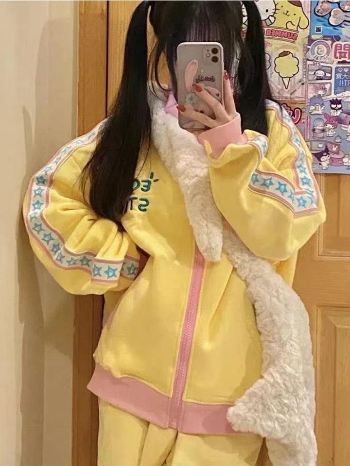 Yellow Y2K Star Embroidery Zip Up Jacket