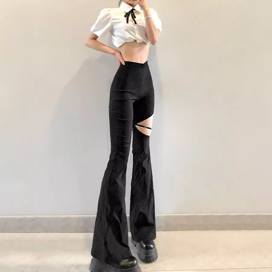 Cute Sexy Black High Waist Flare Trousers Cut Out Hollow Pants Summer Aesthetic Casual E-Girl Kawaii Korean Japanese Harajuku
