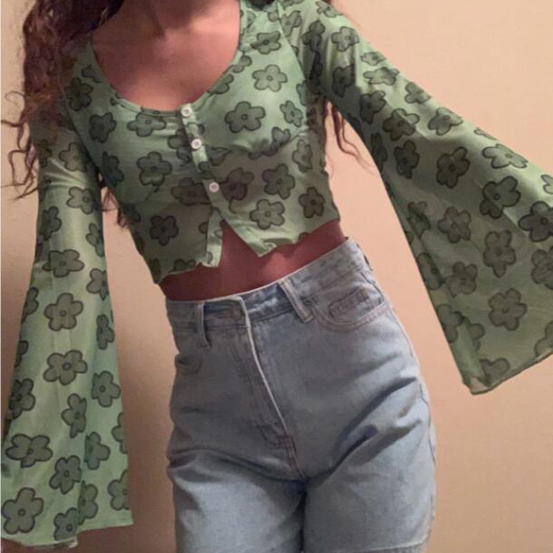 Cute Sexy Vintage 90s Green Flower Lantern Bell Sleeve Long Sleeve Shirt Crop Top Mesh Aesthetic E-Girl Kawaii Korean Japanese Harajuku Streetwear