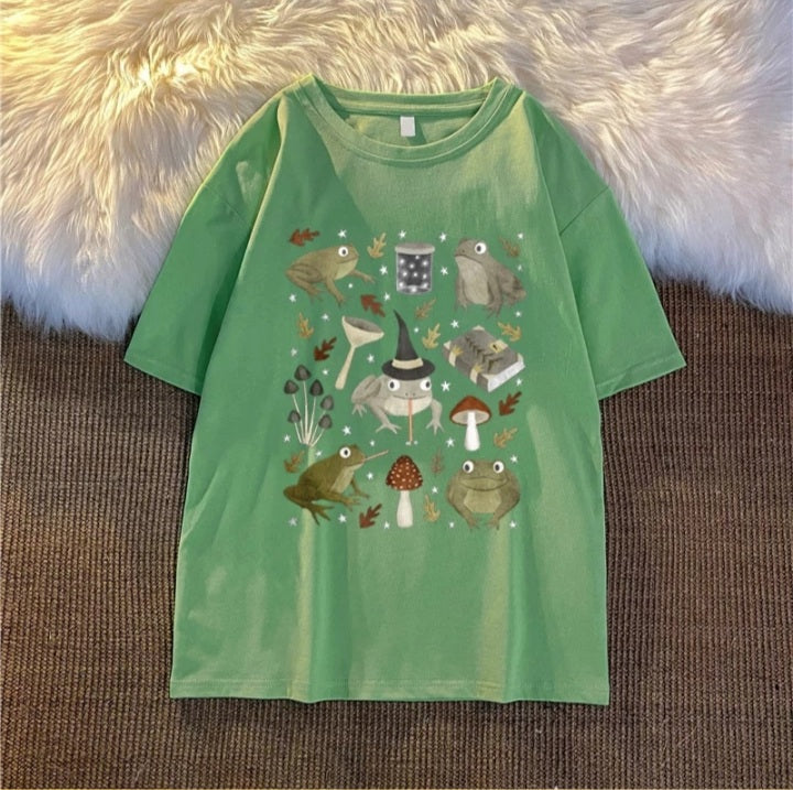 Cute Frog Magic Mushroom Witchcraft Print Short Sleeve T- Shirt Top Aesthetic Casual Summer E-Girl Kawaii Korean Japanese Harajuku