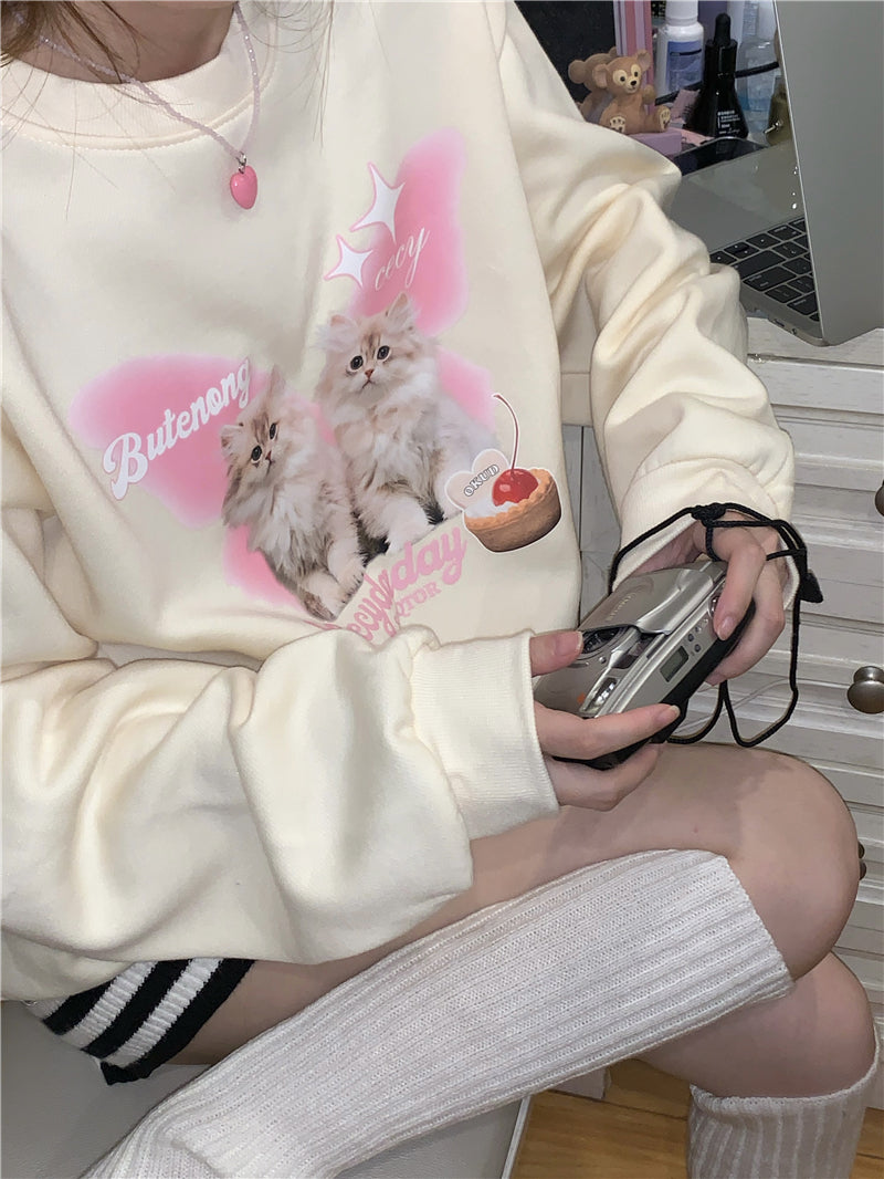 Cat Print Long Sleeve Sweatshirt