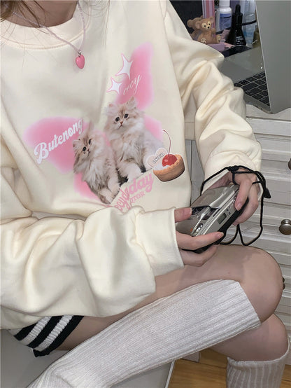 Cat Print Long Sleeve Sweatshirt