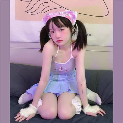 Cute Vintage Cat Kitten Cartoon Print Aesthetic Sleeveless Shirt Crop Top Tank Camisole Casual E-Girl Kawaii Korean Japanese Harajuku Streetwear