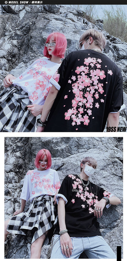 Cute Cherry Blossom Sakura Flower Graphic Print Oversized Short Sleeve Tee Shirt T-shirt Unisex Top E-Girl Kawaii Korean Japanese Harajuku Streetwear