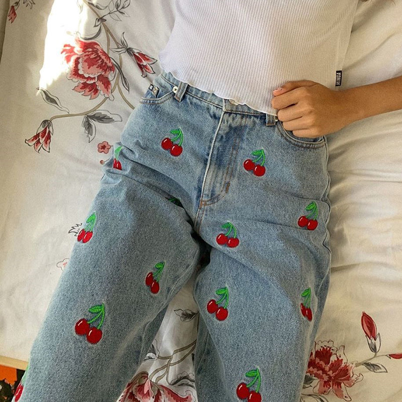 Cute Sweet Vintage Cherry Embroidery Light Washed Blue Denim Jeans High Waisted Cargo Slim Bottom E-Girl Kawaii Korean Japanese Harajuku Streetwear