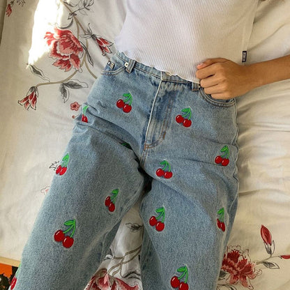 Cute Sweet Vintage Cherry Embroidery Light Washed Blue Denim Jeans High Waisted Cargo Slim Bottom E-Girl Kawaii Korean Japanese Harajuku Streetwear