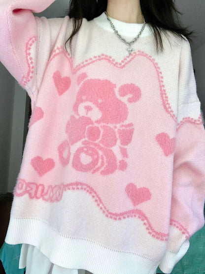 Pink Teddy Bear Print Sweater