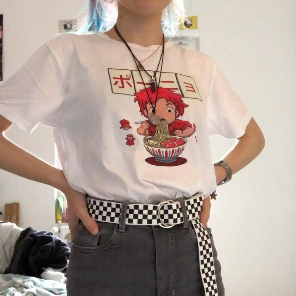 Cute Vintage Anime Noodle Ramen Cartoon Funny Short Sleeve Shirt Tee T-shirt E-Girl Kawaii Korean Japanese Harajuku Chinese Retro Streetwear Aesthetic