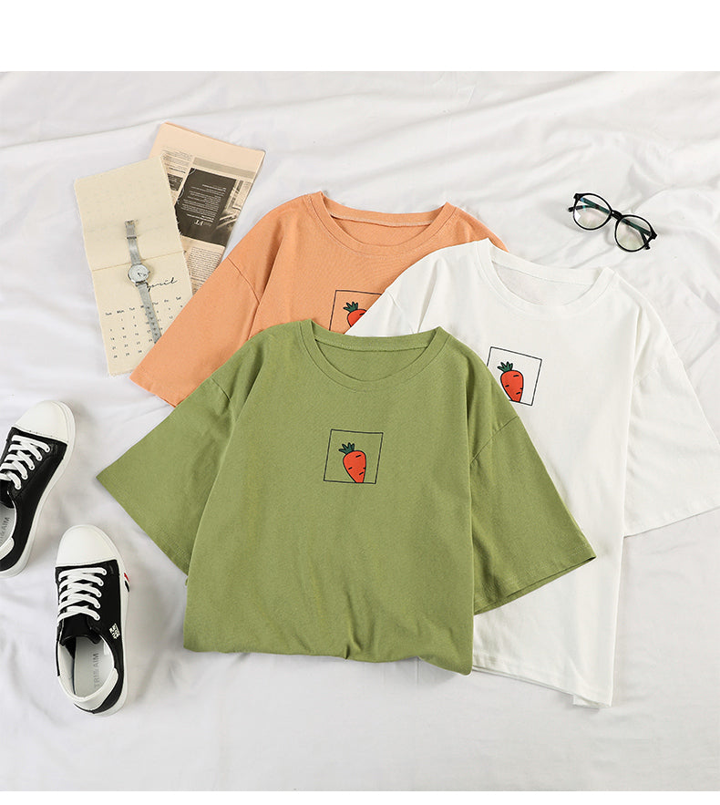 Cute 90s Carrot Print Cartoon vintage Graphic Tee T-shirt Short Sleeve Shirt Top E-Girl Kawaii Korean Japanese Harajuku Retro Streetwear