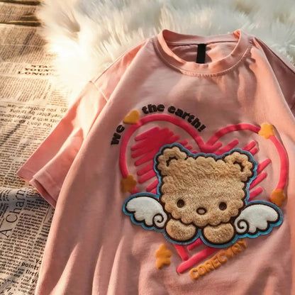 Cute Plush Bear Angel Love Heart Print Sleeveless Short Sleeve Shirt Top Aesthetic Casual E-Girl Kawaii Korean Japanese Harajuku