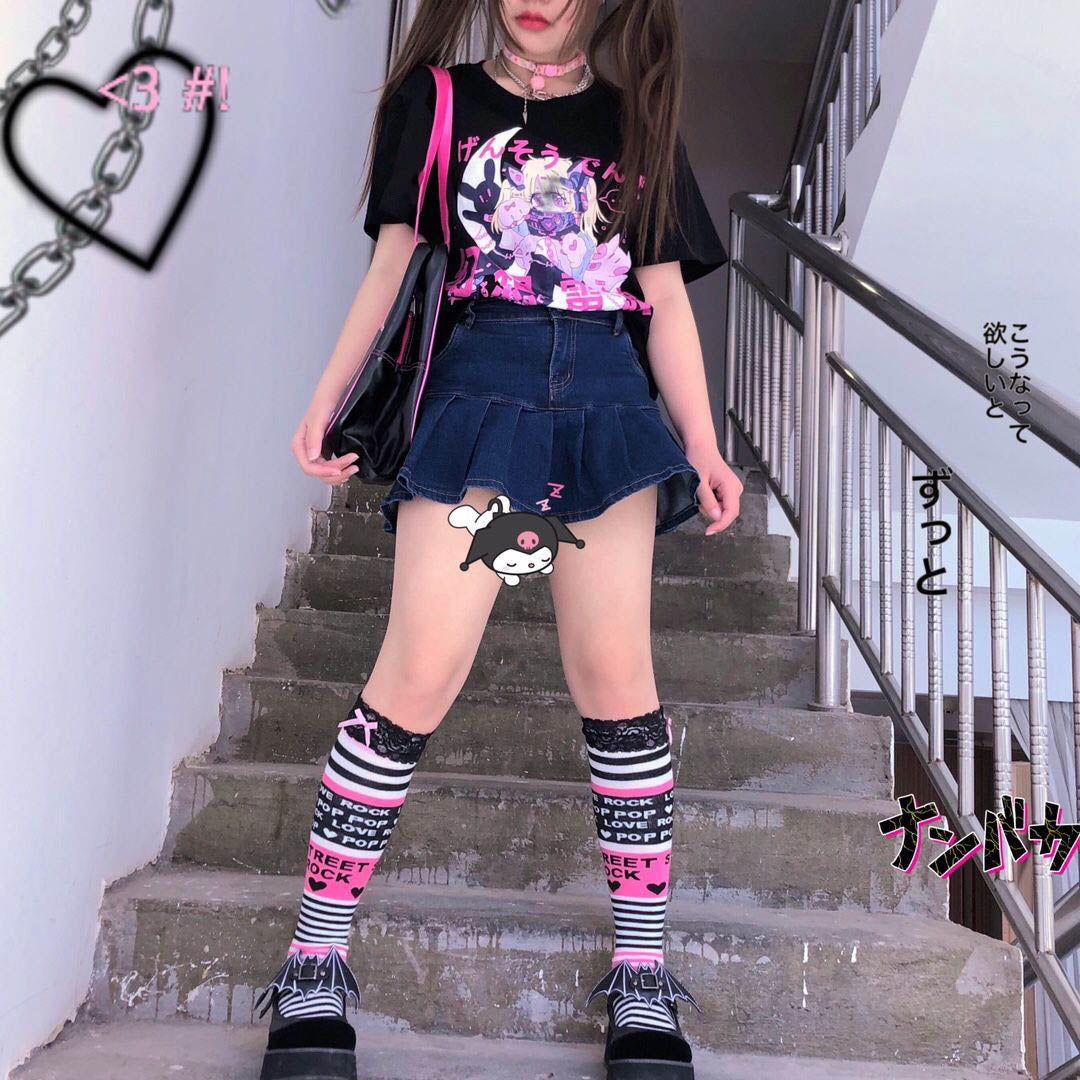 Anime Cartoon Print Grunge Loose Steampunk Goth Punk Short Sleeve Shirt T-shirt Top Summer Causal E-Girl Kawaii Korean Japanese Harajuku Streetwear