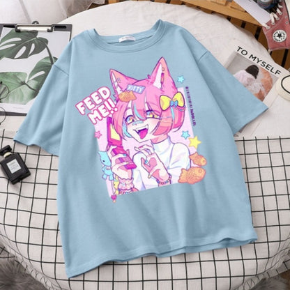 Cute Pastel Sweet Fox Anime Girl Cartoon Print Short Sleeve T-shirt Loose Punk Aesthetic Casual Summer E-Girl Kawaii Korean Japanese Harajuku