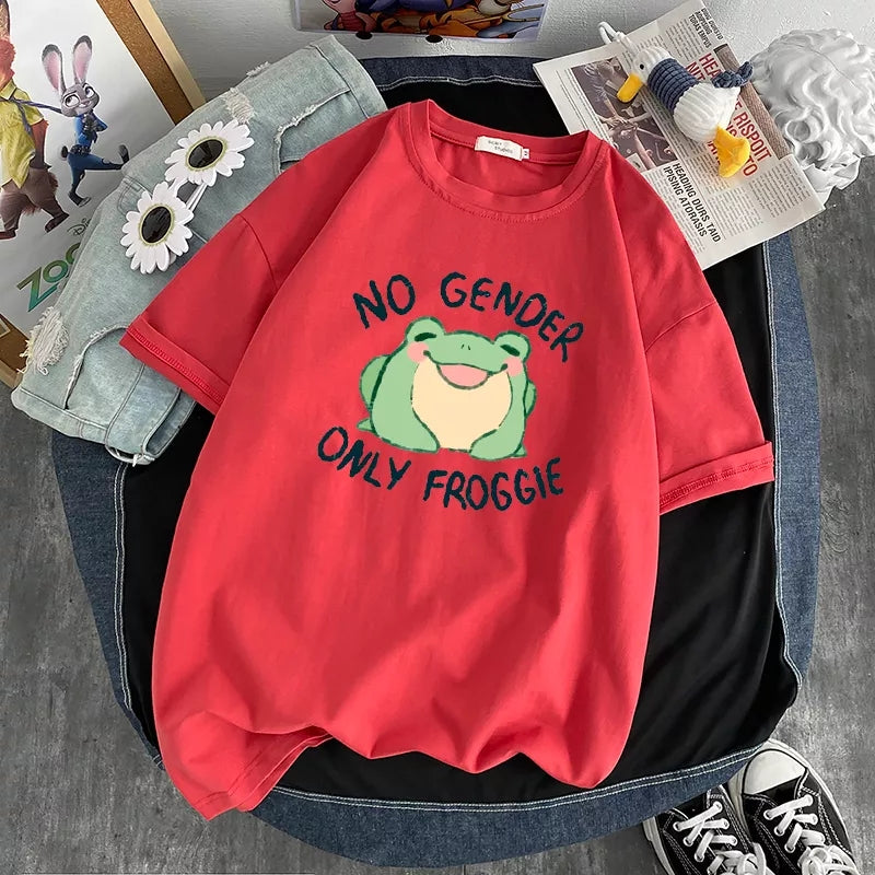 Cute Green Frog No Gender Funny Cartoon Print Short Sleeve T-shirt Oversize Loose Aesthetic Casual Summer E-Girl Kawaii Korean Japanese Haraju