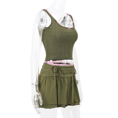 2PCS Green & Pink Lace Spaghetti Strap Top + Drawstring Skirt Set