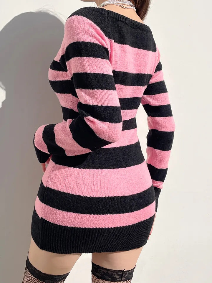 Pink & Black Stripe Off Shoulder Knit Dress