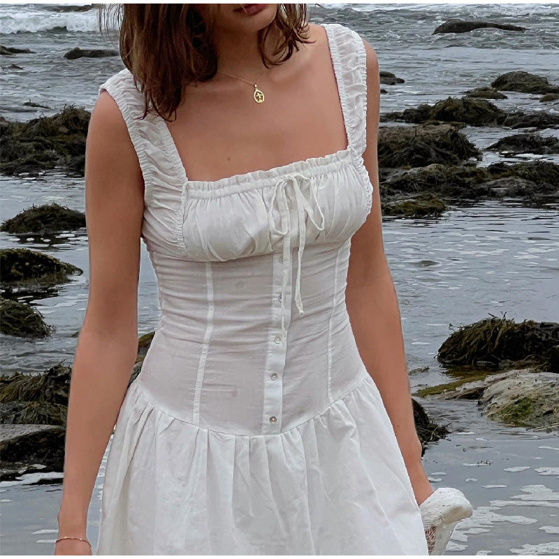 White Pleated Lace Up Square Collar Ruffle Maxi Dress