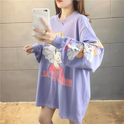 Purple Anime Girl Cartoon Print Sweatshirt Causal Long Sleeve Shirt Casual Oversized Loose Sweater E-Girl Kawaii Korean Japanese Harajuku Streetwear
