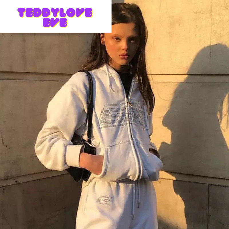 Cute Retro 90s Rhinestone Bling Crystal Zipper Hoodie Long Sleeve Pullover Jumper Sweater Aesthetic E-Girl Kawaii Korean Japanese Harajuku Streetwear