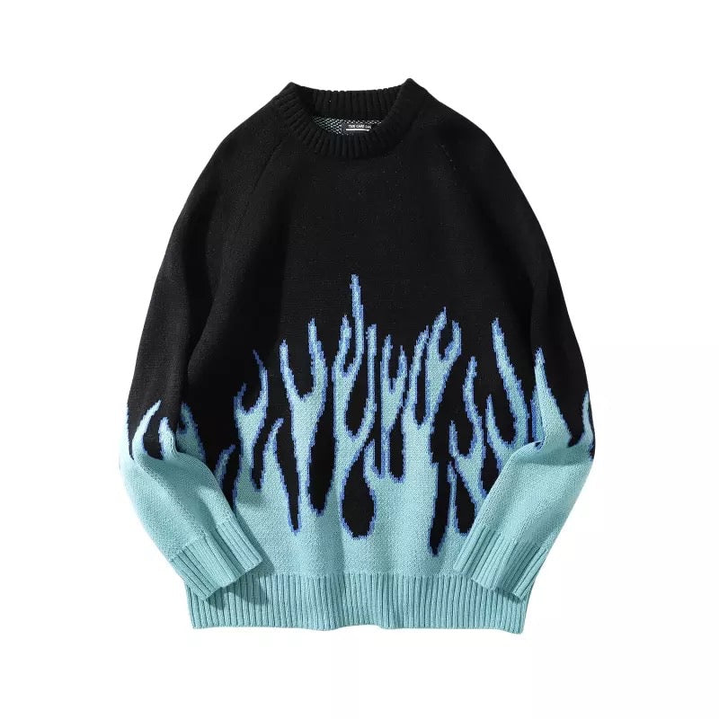 Black Pink Vintage Fire Flames Loose Oversized Long Sleeve Knit Sweatshirt Sweater Pullover Jumper E-Girl Kawaii Korean Japanese Harajuku Streetwear