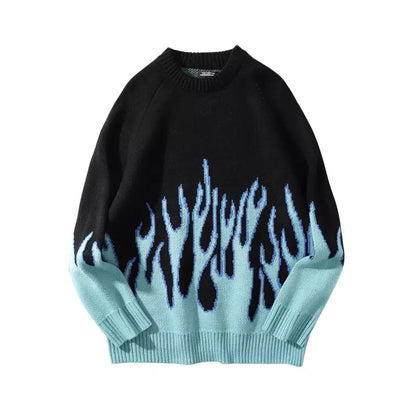 Black Pink Vintage Fire Flames Loose Oversized Long Sleeve Knit Sweatshirt Sweater Pullover Jumper E-Girl Kawaii Korean Japanese Harajuku Streetwear